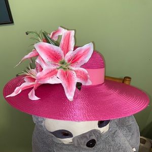 Stunning Oaks Day Lily Derby Hat. Hand-made pink special occasion hat